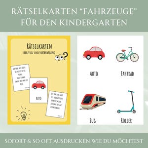 May include: Educational flashcards for children featuring vehicles. The cards include illustrations of a red car, a teal bicycle, a red and white train, and a teal scooter. The text on the cards is in German.