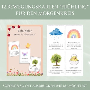 Può includere: Un set di 12 carte di movimento in tedesco, intitolate "Primavera" e "Per il cerchio del mattino". Le carte presentano illustrazioni di un arcobaleno, pioggia, un albero e un pulcino che si schiude. Il testo "Stampa tutte le volte che vuoi" è incluso.