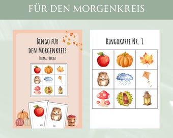 May include: Two bingo cards with autumn-themed illustrations. One card is titled "Bingo für den Morgenkreis" and the other "Bingokarte Nr. 1". The cards feature images of apples, pumpkins, leaves, hedgehogs, and mushrooms. Text at the top reads "Herbstliches Bingo für den Morgenkreis".
