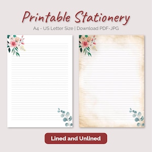 Printable Stationery Paper Set – Letter Writing Paper | Lined & Unlined | Vintage and White Designs