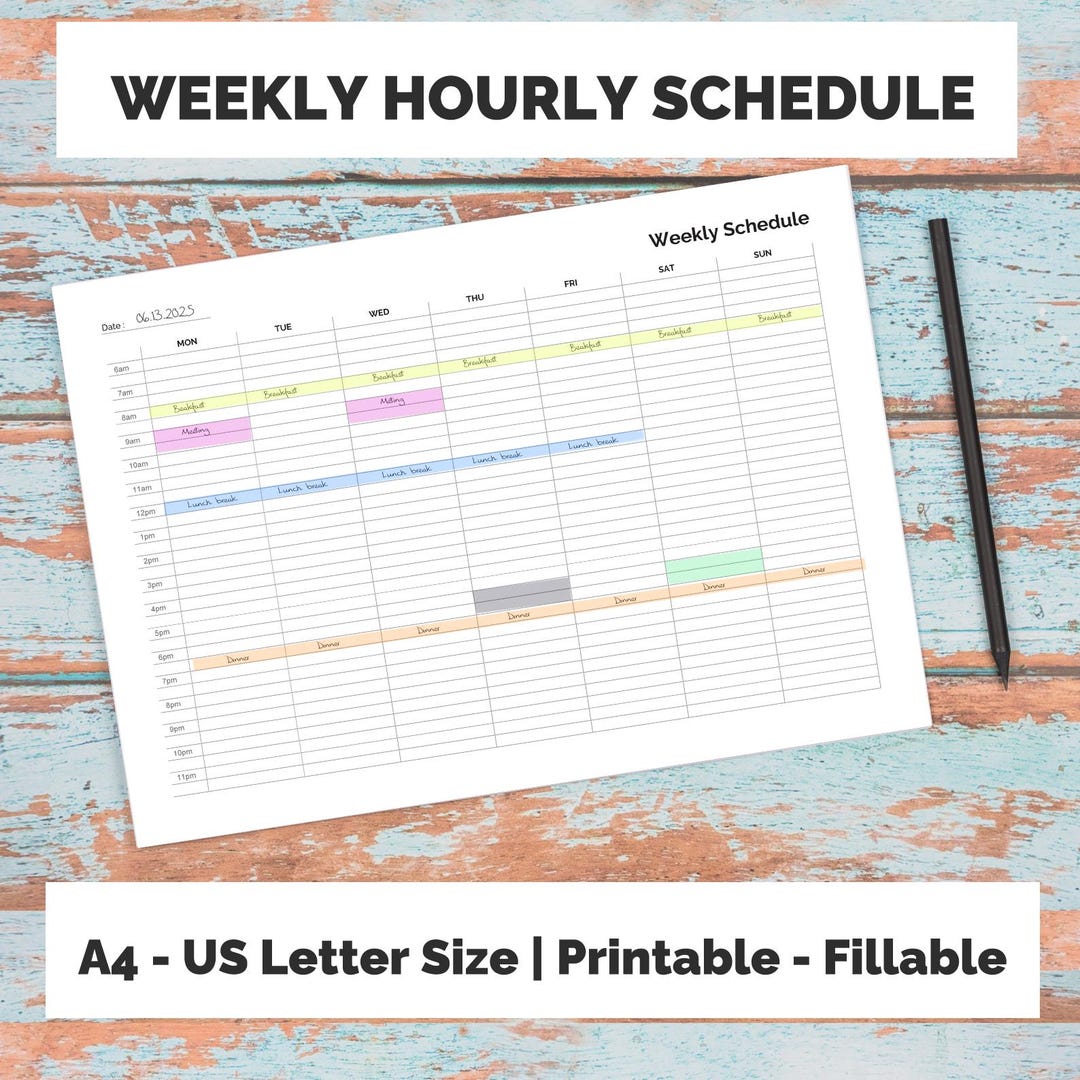 Weekly Hourly Schedule Printable | Fillable PDF Planner (A4, US Letter ...