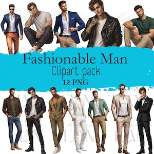 Puede incluir: Un paquete de imágenes prediseñadas digitales con 12 imágenes PNG de hombres a la moda con varios atuendos. Los hombres se muestran en diferentes poses, usando blazers, chaquetas de cuero y ropa casual. El texto "Fashionable Man Clipart pack 12 PNG" es visible.