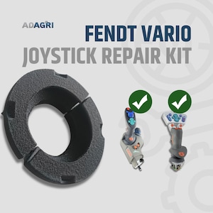 Può includere: Immagine di un kit di riparazione joystick Fendt Vario. L'immagine mostra un componente circolare nero segmentato e due joystick con segni di spunta verdi. Il testo "Fendt Vario Joystick Repair Kit" è visualizzato in blu e grigio.