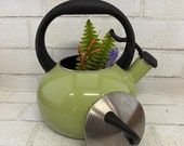 Large Vintage Green Enamel Whistling Tea Kettle Avocado Tea Pot Tea Party Time