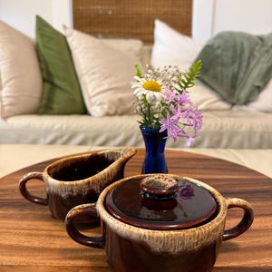 Vintage Brown Drip Glaze Creamer & Lidded Sugar Bowl Set | Mid Century Stoneware | Rustic Farmhouse Kitchen Decor
