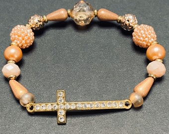 B-12 - Peach and Gold Stretch Bracelet; Cross Stretch Bracelets; Stack Bracelets