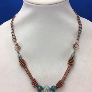 Viking Knit Necklace, Copper Wire Wrapped Necklace, Turquoise Beaded Necklace; (N-14)