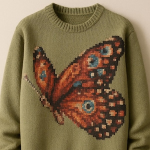 May include: An olive green knitted sweater with a large butterfly design on the front. The butterfly is detailed with orange, brown, and blue. The sweater has a ribbed crew neck, cuffs, and hem.