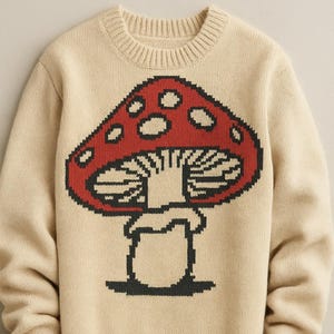 May include: A beige knit sweater featuring a large red mushroom graphic with white spots and a black outline. The mushroom design is centered on the front of the sweater. The sweater has a ribbed crew neck, cuffs, and hem.