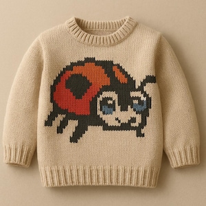 May include: Beige knit sweater featuring a pixelated ladybug design in orange, black, and blue. The sweater has a crew neck, ribbed cuffs, and a ribbed hem. A children's knitwear item.