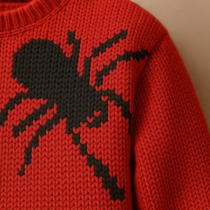 Peut inclure: Gros plan sur un pull rouge en tricot avec un motif d'araignée noire. Le pull a un col rond et une texture de tricot épaisse. Le motif d'araignée est au centre du pull.