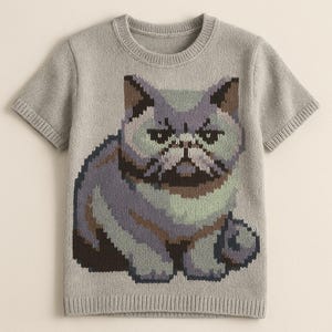 May include: A short-sleeved, light gray knit shirt featuring a pixelated image of a grumpy-looking cat. The cat design incorporates shades of gray, brown, and green. The shirt has a crew neck and ribbed cuffs.