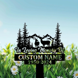 Personalized Deer Hunting Memorial Stake, Cemetery Grave Marker With Deer Couple, Hunter Loss Gift, In Memory Of Dad, Outdoor Memorial Sign.