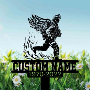 Custom Firefighter Grave Marker with Angel Wings, Running Through Flames Metal Memorial Sign, Fallen Hero Tribute, Fireman Cemetery Gift.