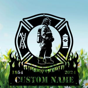 Custom Firefighter Badge Firefighter Standing Grave Marker, Sympathy Sign, Metal Memorial Sign, Fallen Hero Tribute, Fireman Cemetery Gift.