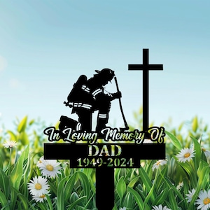 Custom Firefighter Kneeling at Cross Grave Marker , Running Through Flames Metal Memorial Sign, Fallen Hero Tribute, Fireman Cemetery Gift.