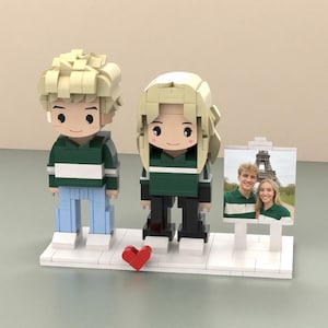 イーゼルフレーム付きカスタム2人用ブリックフィギュア、パーソナライズされたビルディングブロック、ブリックミーフィギュア、フォトパズルおもちゃ、カップルや友人への記念品