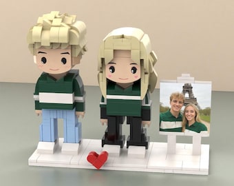 Niestandardowe figurki z klocków dla 2 osób z ramą sztalugową, spersonalizowane klocki konstrukcyjne, figurki Brick Me, puzzle ze zdjęciami, pamiątka dla pary przyjaciół