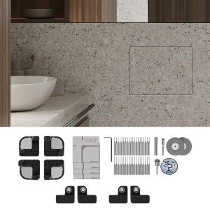 May include: A tile installation kit featuring four black corner brackets, four black edge clips, four grey alignment templates, thirty-two metal pins, two circular cutting discs, one metal hex key, one metal pin tool, and one circular logo sticker.
