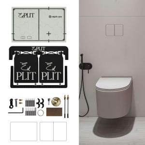 May include: A contemporary bathroom scene with a wall-hung toilet and a bidet shower. The image showcases components such as a flush plate, mounting hardware, and the brand name "EDPLIT". The design is minimalist and modern.