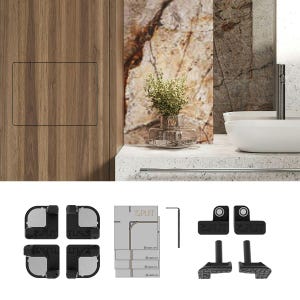 May include: A set of black hardware components for furniture assembly, including four corner brackets with the text SPLIT, a stack of four rectangular templates with the text SPLIT, a small L-shaped hex key, and two additional black support pieces.