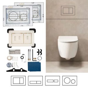 May include: A white wall-mounted toilet with a flush plate, accompanied by a comprehensive installation kit including templates, mounting brackets, screws, metal rods, blue foam pads, and various small hardware components for assembly and setup.