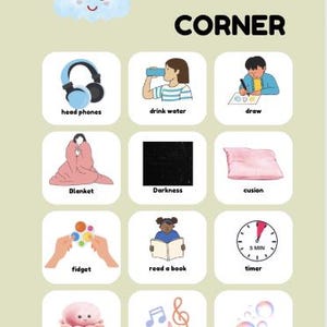 以下が含まれることがあります： 「CALM CORNER」の黒い文字が入った、明るい緑色のポスター。ヘッドフォン、水飲み、絵を描く、毛布、暗闇、クッション、フィジェットおもちゃ、読書、タイマー、音楽、シャボン玉、おもちゃなど、アイテムやアクティビティのイラストが描かれています。
