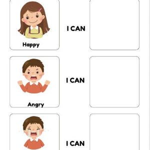 以下が含まれることがあります： 「WHEN I FEEL」と書かれた白い教育用チャート。幸せな女の子、怒っている男の子、悲しい男の子のイラストが描かれており、それぞれに「I CAN」というプロンプトと空白のスペースがあります。