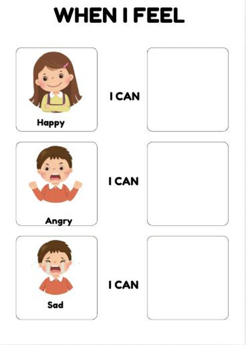 以下が含まれることがあります： 「WHEN I FEEL」と書かれた白い教育用チャート。幸せな女の子、怒っている男の子、悲しい男の子のイラストが描かれており、それぞれに「I CAN」というプロンプトと空白のスペースがあります。