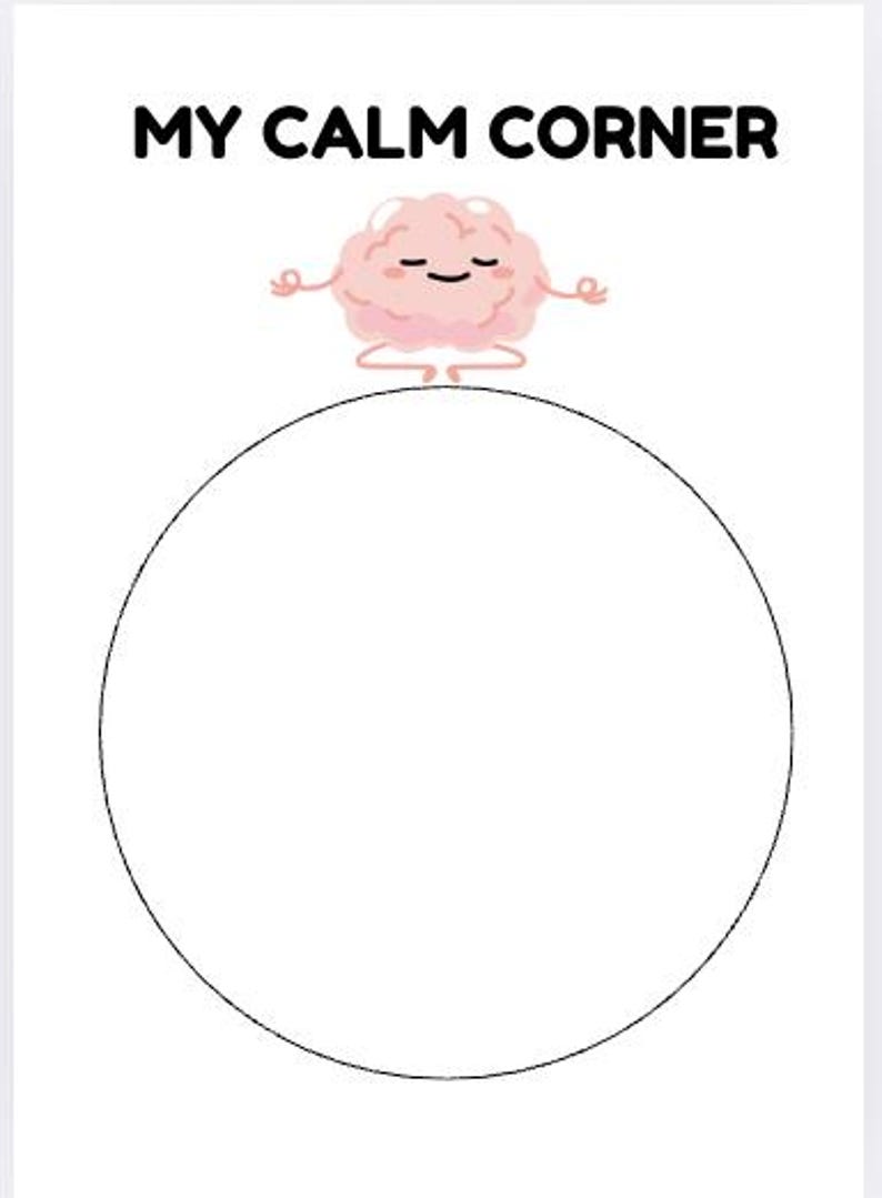 以下が含まれることがあります： 黒い文字で「MY CALM CORNER」と書かれた白いポスター。ピンク色の脳の漫画のキャラクターが、大きな黒い円の上でヨガのポーズをとっています。脳は笑顔です。