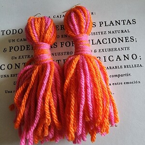 May include: A pair of pink and orange tassel earrings. The tassels are made of yarn and are tied together with a gold loop.