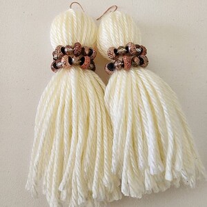 Special Occasion/Cream Tassel with Rose Gold Beads/Party Earrings/Statement Earrings/New Years Eve/Tassel Earrings/Dope Earrings