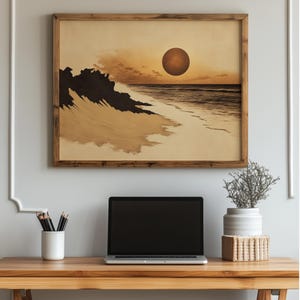 Sepia Sands Beach Sunset Printable Art - Rustic Coastal Wall Decor, Vintage Seascape Painting, Earthy Beach Scene, Digital Download 920