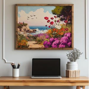 Printable Coastal Wildflowers Oil Painting - Vintage Seaside Landscape Art, Vibrant Flowers, Rustic Cottagecore Wall Decor, Digital Art 992
