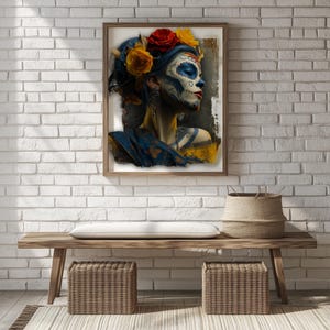 Day of the Dead Woman Printable Art - Colorful Portrait, Skull Face, Floral Headpiece, Dia de los Muertos Wall Decor, Digital Print 1185