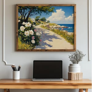 Coastal Pathway with Wild White Roses - Romantic Beach Landscape, Rustic Wall Art Print, Earthy Cottage Decor, Digital Printable 1061