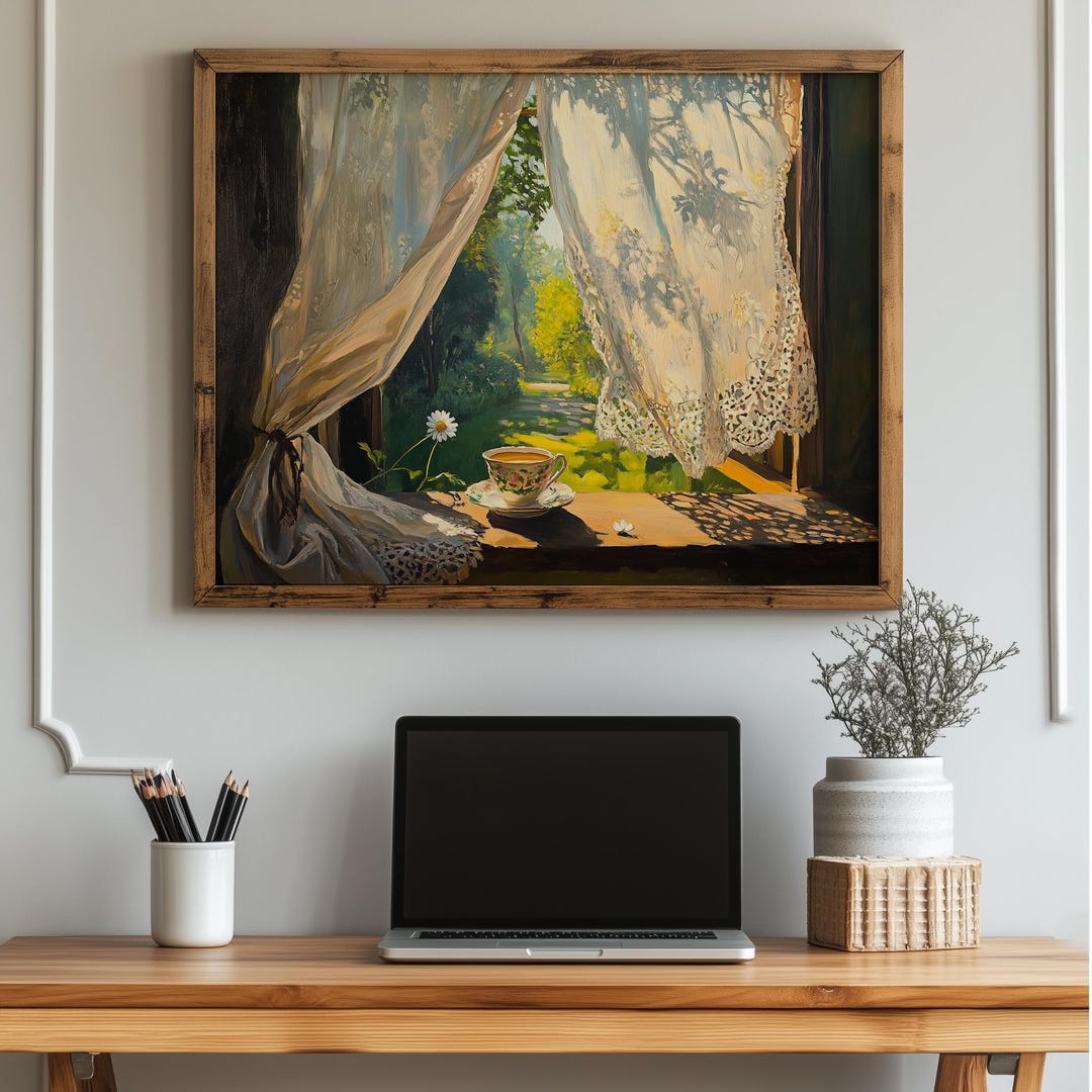 Earthy Window Screen Rustic Romantic Oil Painting of Lace Curtain - Earthy Indoor Scene ...
