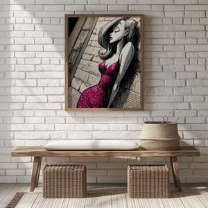 Stimmungsvolle druckbare Wandkunst - Vintage Glamour Porträt, romantische Femme Fatale Dekoration, Noir Stil Poster, digitaler Download Illustration 1175