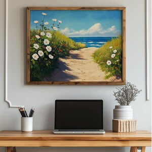 Romantic Coastal Path with Wild White Roses - Printable Seaside Landscape Art, Rustic Cottagecore Wall Decor, Digital Beach Print 1064