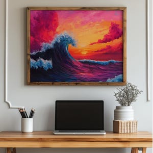 Vibrant Impressionist Seascape at Sunset - Printable Coastal Wall Art, Bold Ocean Waves, Colorful Beach Decor, Digital Landscape Print 1092