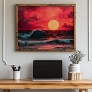 Dramatic Coastal Seascape Art - Impressionist Sunset Print, Moody Ocean Scene, Vibrant Sky - Printable Wall Art, Digital Decor 1005