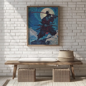 Legendary Samurai Wall Art - Printable Miyamoto Musashi in Battle, Japanese Warrior Decor, Vintage Martial Arts Scene, Digital Print 205