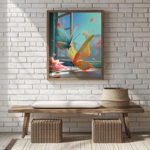 Colorful Butterfly in Sunlight - Printable Art, Vibrant Nature Decor, Yellow and Blue Butterfly Painting, Digital Spring Wall Art 529