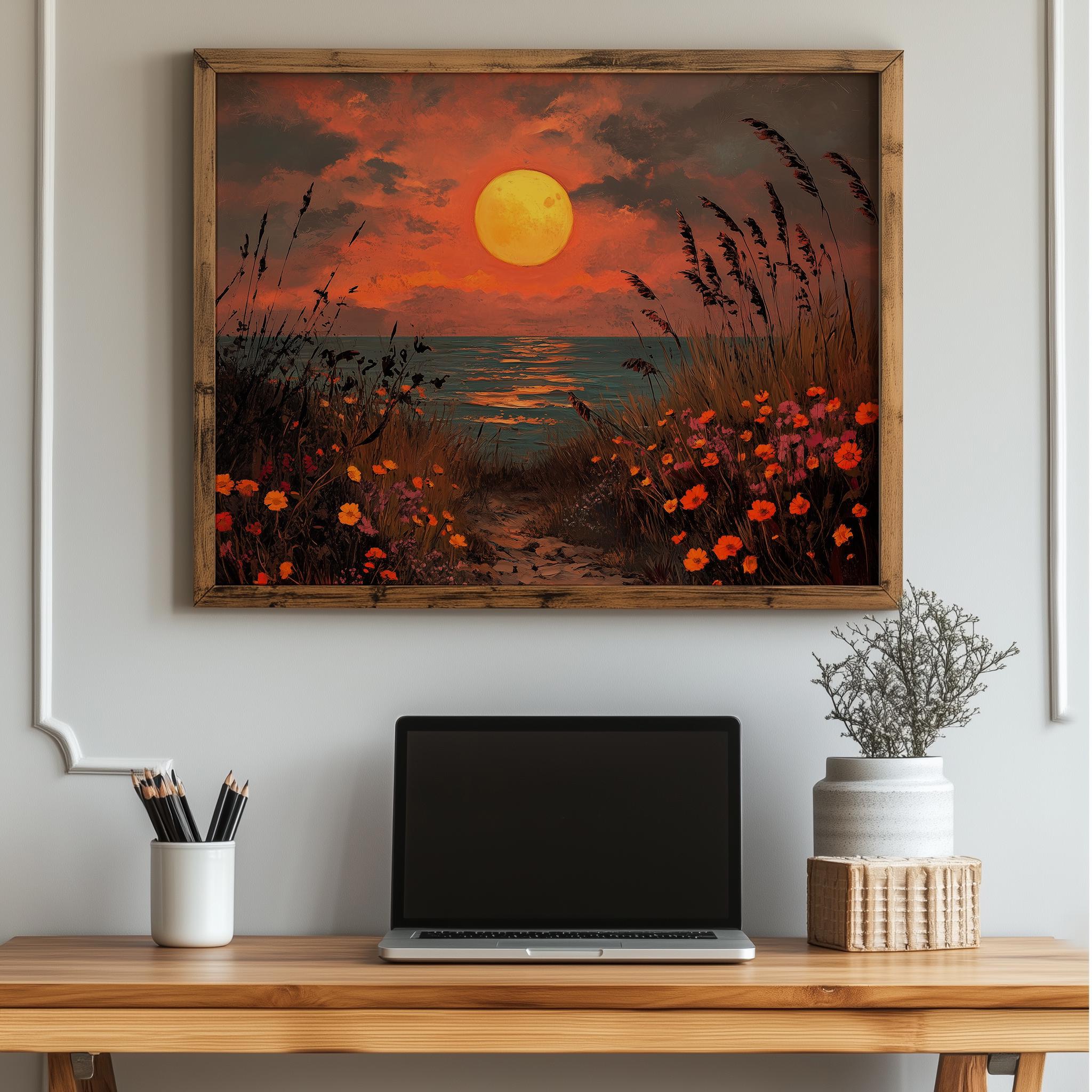 ムーディーな夕焼けの海岸風景画 - 野花が咲く素朴な海の景色、素朴な