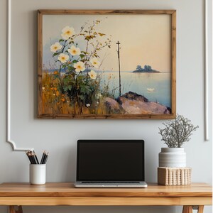 Romantic Coastal Landscape with Wild Roses - Printable Vintage Seaside Scene, Rustic Beach Cottage Wall Art, Digital Floral Print Decor 1063