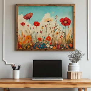 Summer Wildflower Meadow Painting - Vibrant Floral Wall Art, Rustic Cottage Decor, Printable Colorful Bloom Scene, Digital Art 902