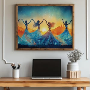 Vibrant Sunset Dancers Printable - Moroccan Belly Dance Art, Colorful Cultural Wall Decor, Abstract Dance Silhouette, Digital Print 1507