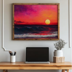 Dramatic Coastal Sunset - Impressionist Seascape Art, Vibrant Evening Glow, Printable Beach Wall Decor, Ocean Sunset Painting Print 1003