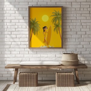 Lebendige Sommer Surfbrett Kunst - 3D Cartoon Stil Strandszene, strahlende Sonne und Palmen, lustige druckbare Wanddekoration, tropische Vibes 1230