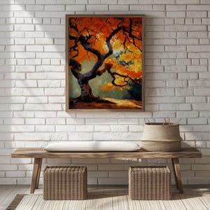 Autumn Maple Tree Art Print - Glowing Orange Leaves, Rustic Wall Art, Cozy Cottage Decor, Earthy Nature Scene, Printable Fall Art 1362